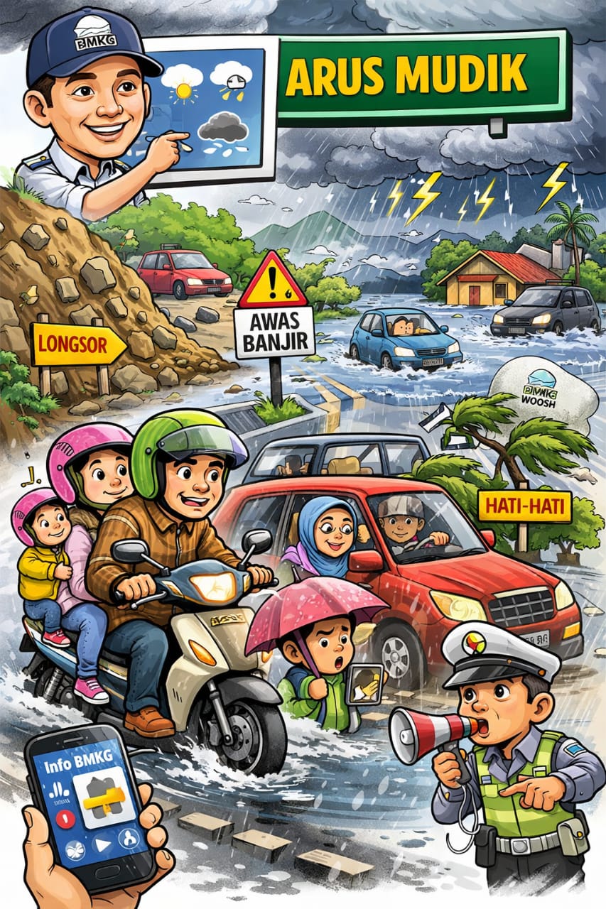 BMKG mengingatkan potensi hujan sedang hingga lebat di Sumatera Barat pada 13&ndash;16 Maret 2026 jelang arus mudik Lebaran. Pemudik diminta waspada di jalur rawan. (ilustrasi AI)