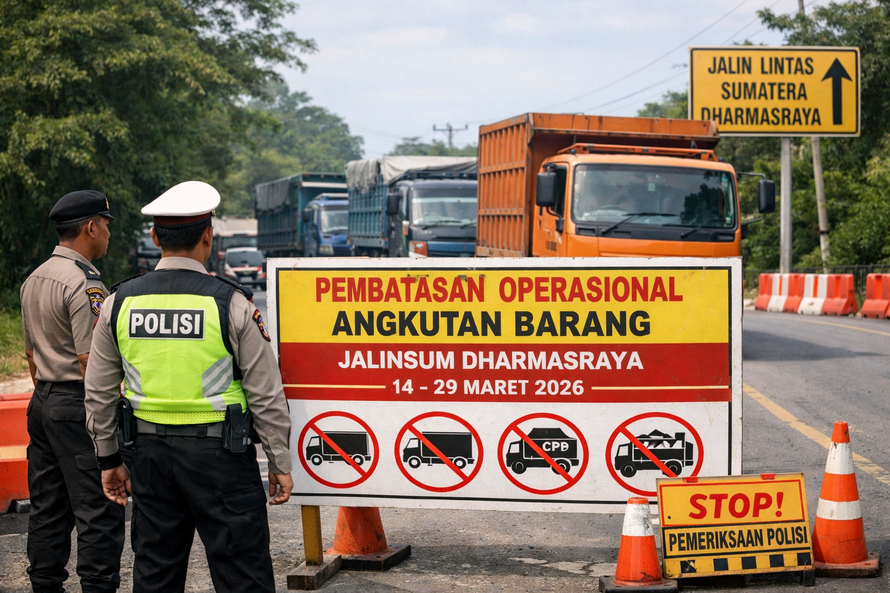 Polres Dharmasraya memberlakukan pembatasan operasional truk di Jalinsum Padang&ndash;Solok&ndash;Kiliran Jao hingga 29 Maret 2026 bagi kendaraan barang sumbu tiga.