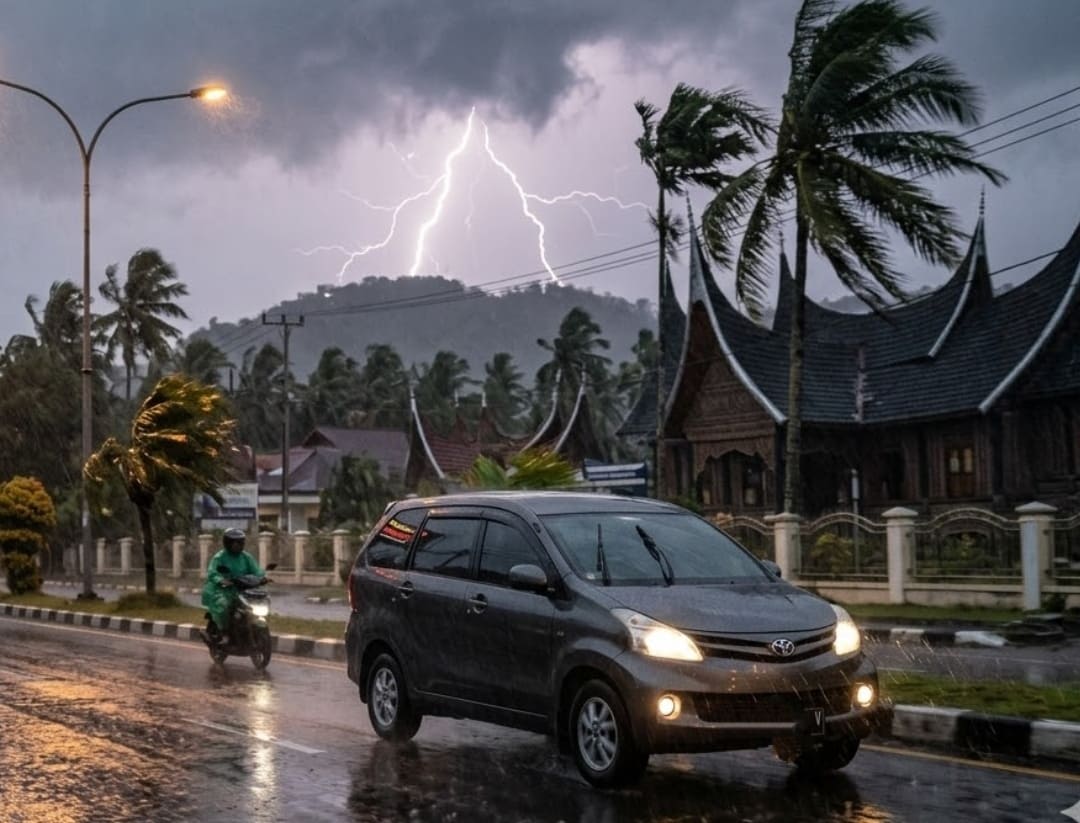 Hujan lebat disertai petir dan angin kencang berpotensi melanda sejumlah daerah di Sumbar hingga 20.30 WIB.(Foto ilustrasi: AI)