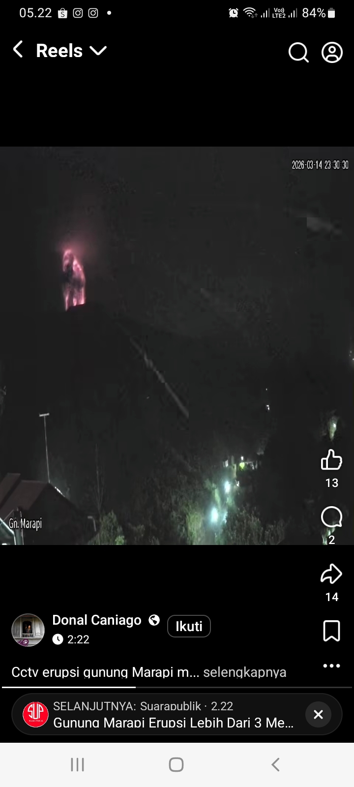 Gunung Marapi erupsi Sabtu malam (14/3/2026) pukul 23.29 WIB dengan dentuman keras dan pijaran api. Warga diminta menjauhi radius 3 km dari Kawah Verbeek.