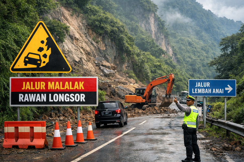Dinas BMCKTR Sumbar mengimbau pemudik tidak menggunakan jalur Malalak karena rawan longsor. Pemudik disarankan memilih jalur utama via Lembah Anai. (AI)