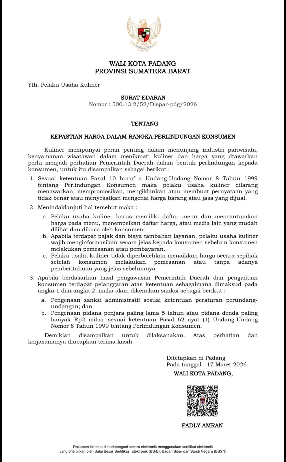 Surat Edaran (SE) tentang kepastian harga untuk perlindungan konsumen di Kota Padang.