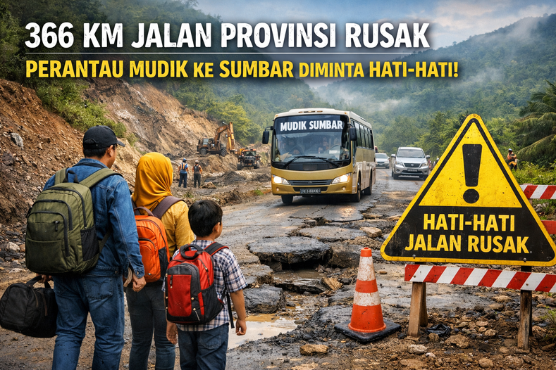 366 km jalan provinsi di Sumbar rusak berat. Dinas BMCKTR mempercepat perbaikan dan menyiapkan posko siaga jelang arus mudik Idulfitri 2026.