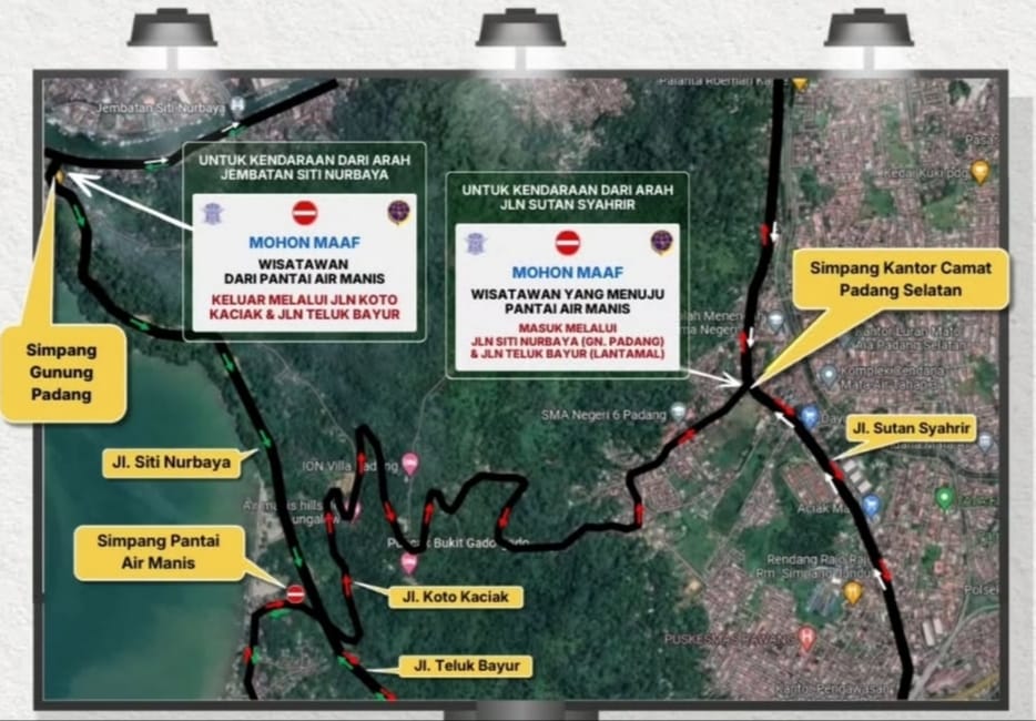 Dishub Kota Padang terapkan One Way di Kawasan Pantai Air Manis pada 21-28 Maret 2026. Simak rute masuk via Siti Nurbaya dan jalur keluar via Koto Kaciak di sini.