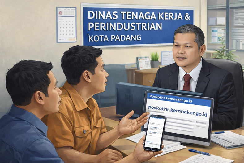 Disnakerin Padang membantu dua pekerja melaporkan masalah pembayaran THR 2026 melalui platform pengaduan Kemnaker yang terhubung dengan pengawas ketenagakerjaan.