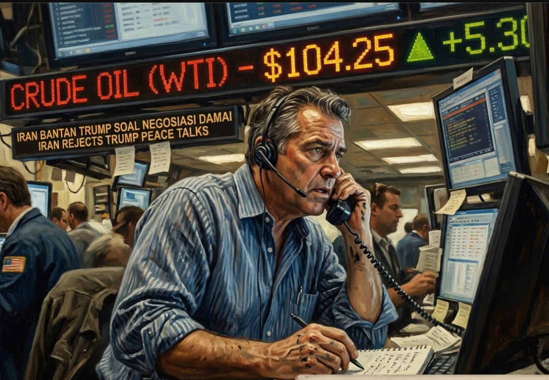 Grafik lonjakan harga minyak Brent $104 dan pelemahan bursa saham Asia Nikkei Hang Seng 2026.(Foto ilustrasi AI)