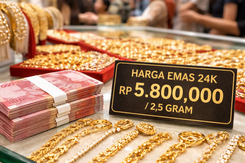 Harga emas di Pasar Raya Padang turun sepekan setelah Lebaran 2026. Emas 24 karat kini Rp5,8 juta per 2,5 gram, transaksi mulai menurun.