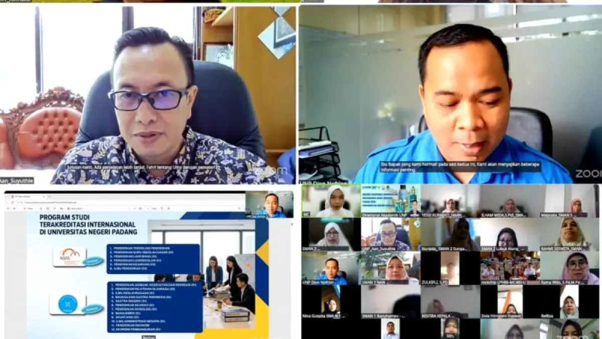 Kegiatan Sosialisasi Seleksi Nasional Penerimaan Mahasiswa Baru (SNPMB) Tahun 2026 secara daring melalui aplikasi Zoom Meeting, Rabu (1/4/2026).(Foto: Humas UNP)