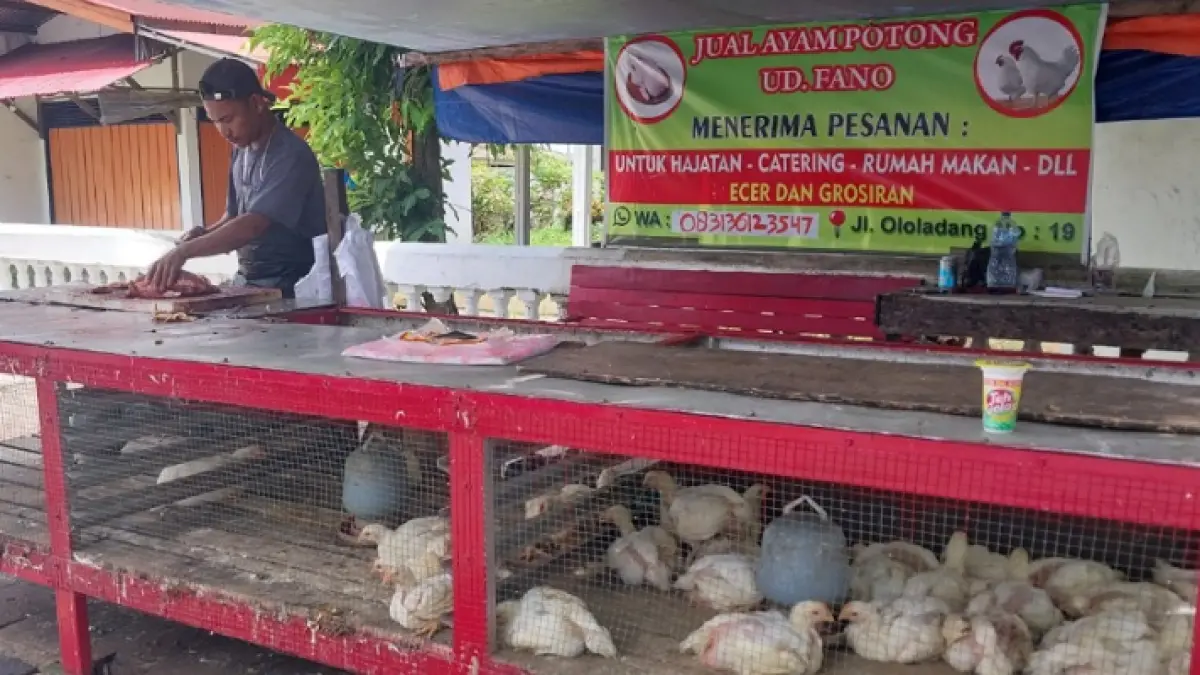 Salah satu lapak pedagang ayam potong di kawasan Taplau, Jl. Olo Ladang, Padang, Kamis (2/4/2026). (Mengki Kurniawan/Padeks)