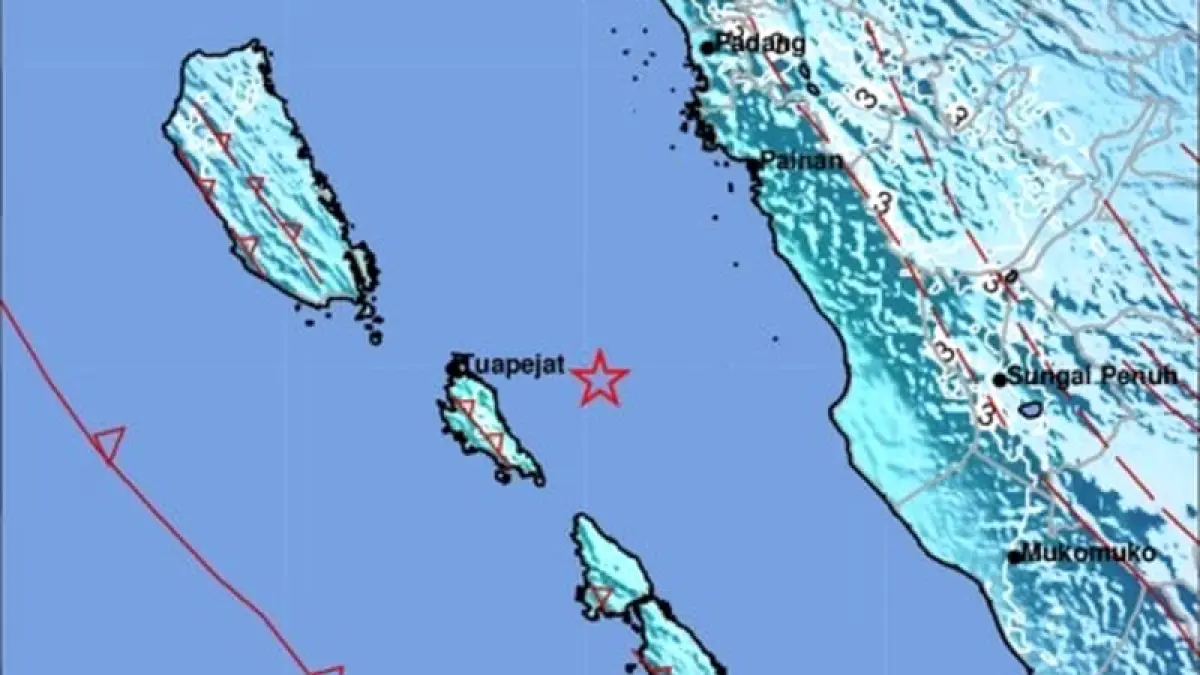Peta guncangan gempa magnitudo 5,5 yang berpusat di 52 km timur Tuapejat, Kepulauan Mentawai, Sumatera Barat, Sabtu (4/4/2026) pukul 18.21 WIB. (Foto: BMKG)