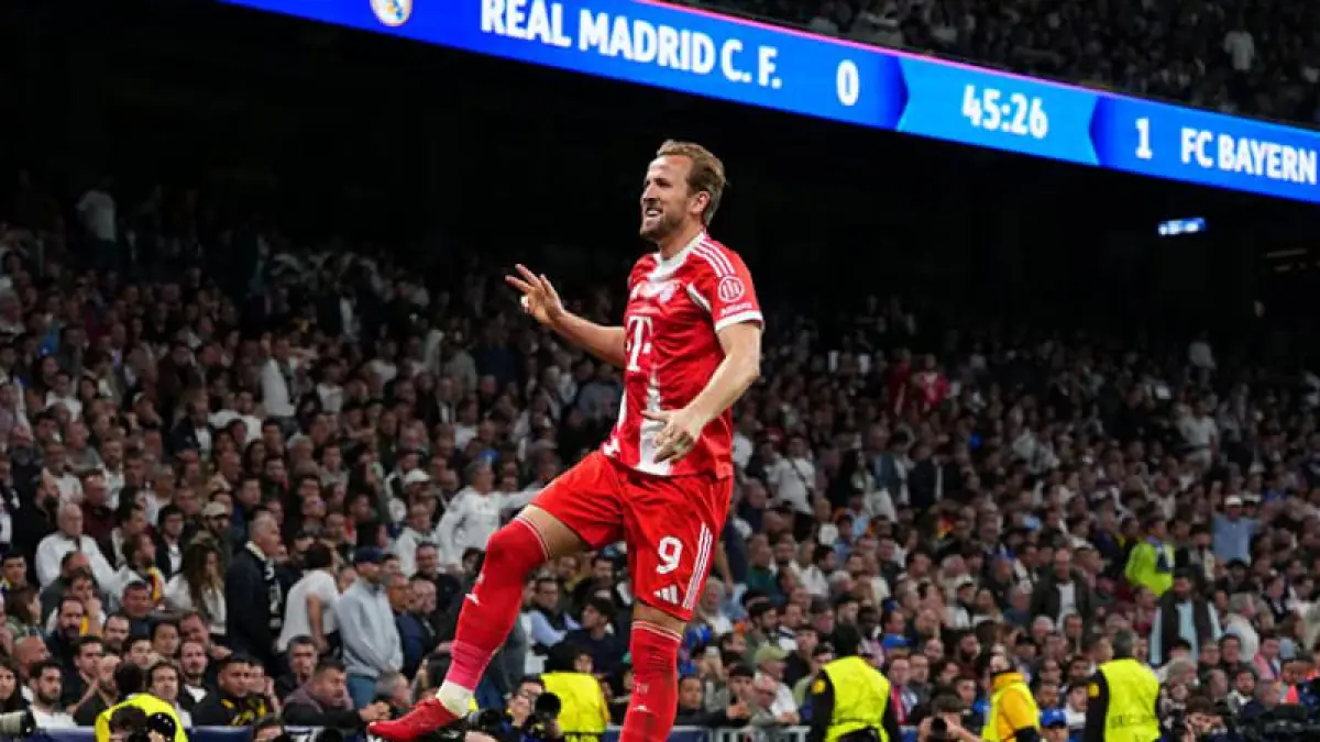 Harry Kane mencetak gol penting saat Bayern München mengalahkan Real Madrid 2-1 pada leg pertama perempat final Liga Champions 2026 di Santiago Bernabéu.(Foto: UEFA.com)