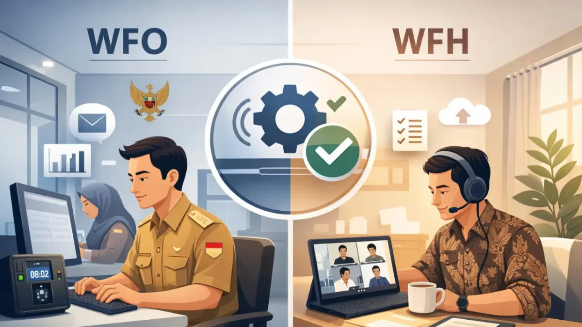 Ilustrasi aktivitas ASN di lingkungan Pemprov Sumbar saat bekerja menggunakan sistem digital sebagai bagian penerapan skema WFH-WFO. (AI)