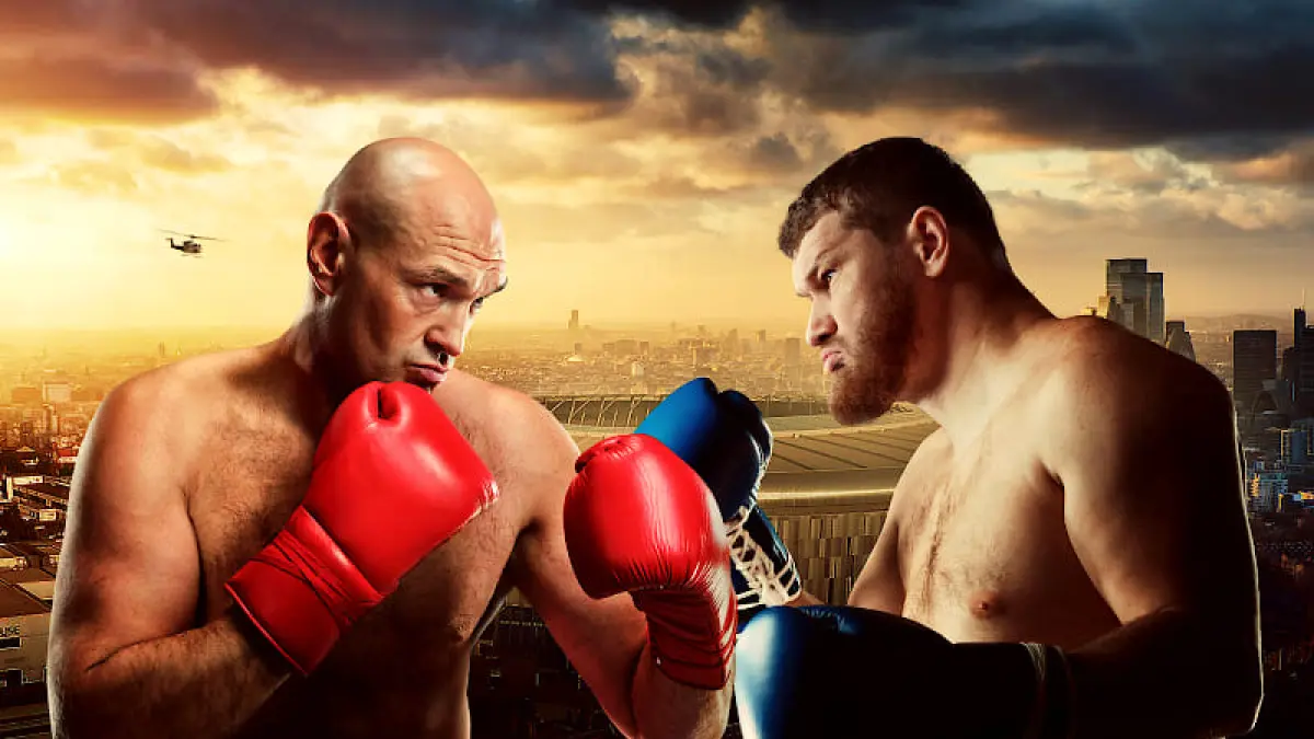 Poster resmi pertandingan tinju dunia kelas berat antara Tyson Fury dan Arslanbek Makhmudov yang digelar pada Minggu 12 April 2026 pukul 01.00 WIB, di London.(Foto: Netflix)