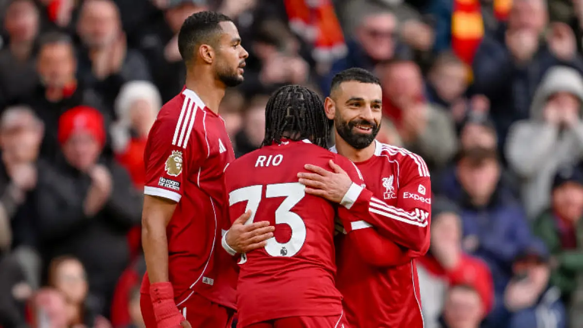 Mohamed Salah dan Rio Ngumoha mencetak gol saat Liverpool menang 2-0 atas Fulham di Anfield dalam laga Premier League 2026.(Foto: X @LFC)