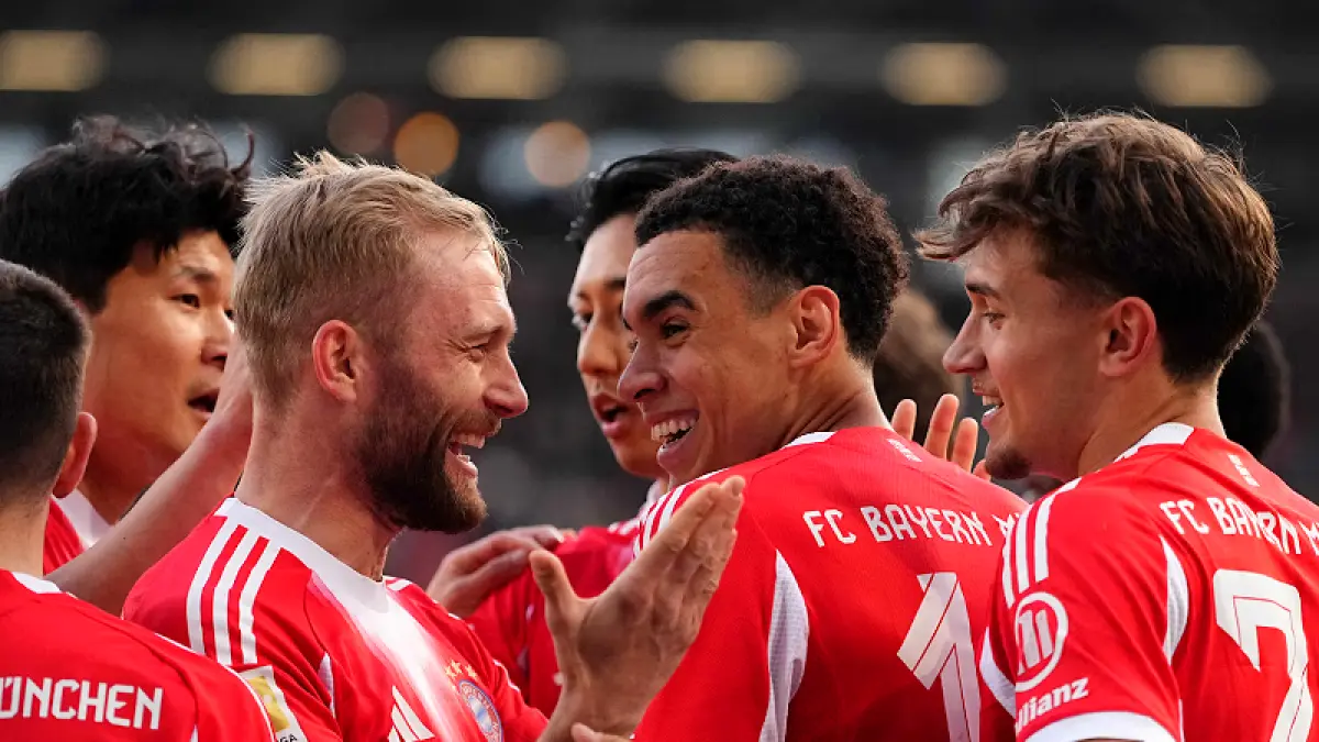 Selebrasi penyerang Bayern Munich Jamal Musiala (tengah) usai mencetak gol ke gawang St. Pauli di Bundesliga 2026.(Foto: FC Bayern)