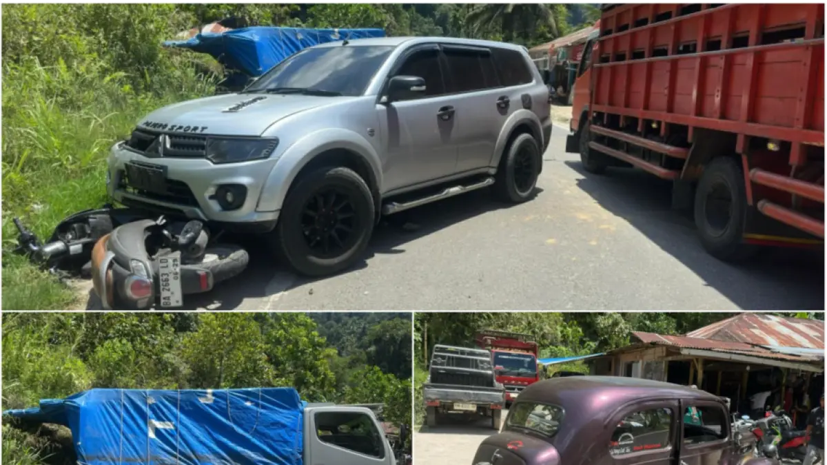 Kecelakaan beruntun di Palupuh Agam libatkan 3 mobil dan motor, satu pengendara luka, kerugian capai Rp20 juta akibat mobil oleng masuk jalur berlawanan, Senin (13/4/2026).