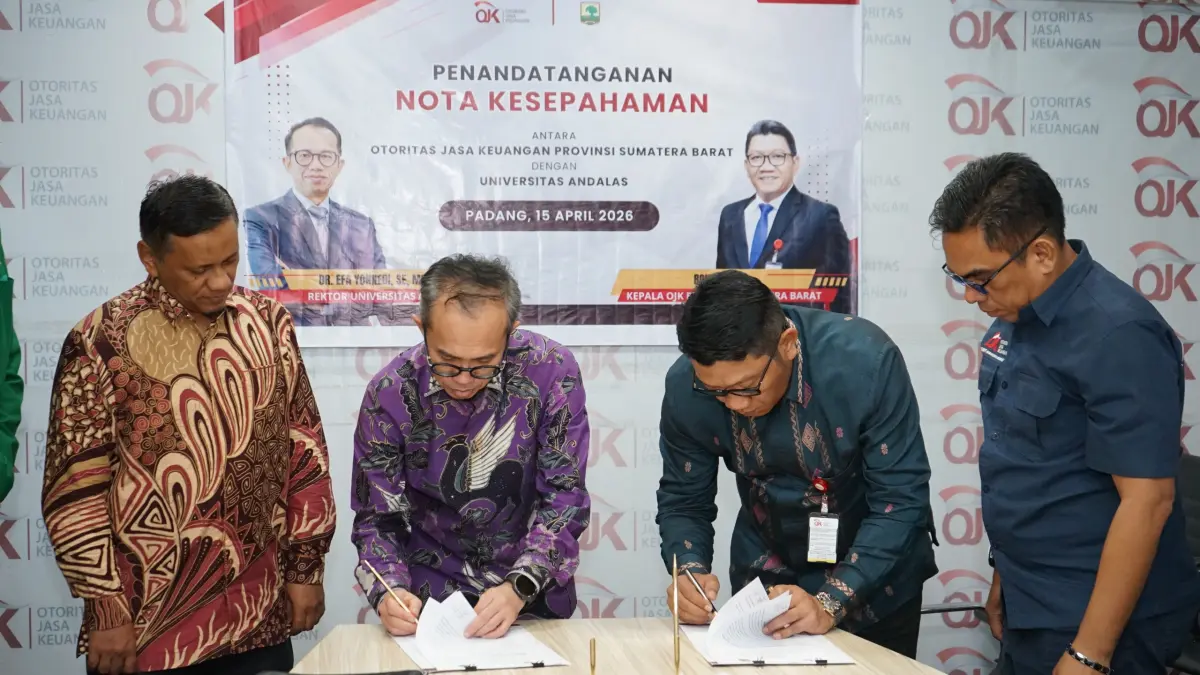 Penandatanganan Nota Kesepahaman ini dilakukan oleh Rektor Universitas Andalas, Efa Yonnedi dan Kepala OJK Provinsi Sumatera Barat, Roni Nazra, di Kantor OJK Provinsi Sumatera Barat.