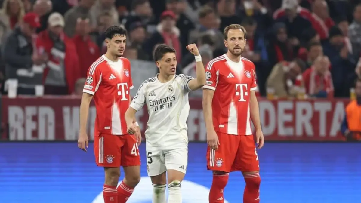 Arda Güler mencetak gol cepat untuk Real Madrid melawan Bayern Munich di Liga Champions di Allianz Arena.(Foto: UEFA.com)