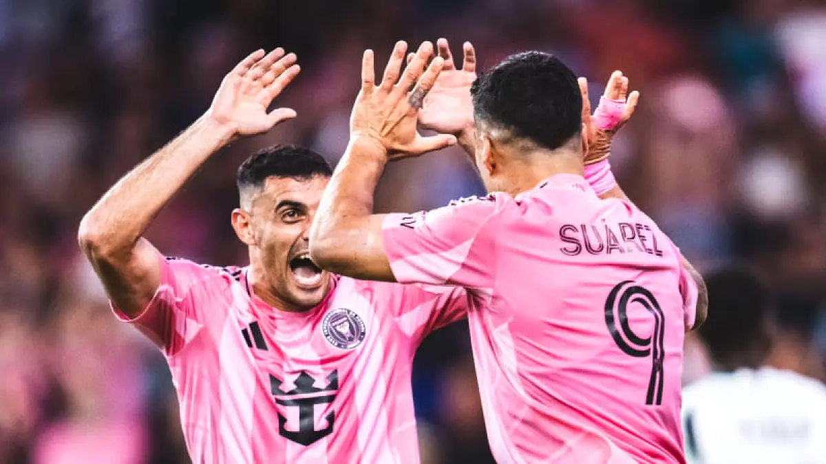 Selebrasi gol German Berterame dan Suarez usai menyamakan skor untuk Inter Miami CF saat menghadapi New England Revolution di NU Stadium.(Foto: x.com/InterMiamiCF)
