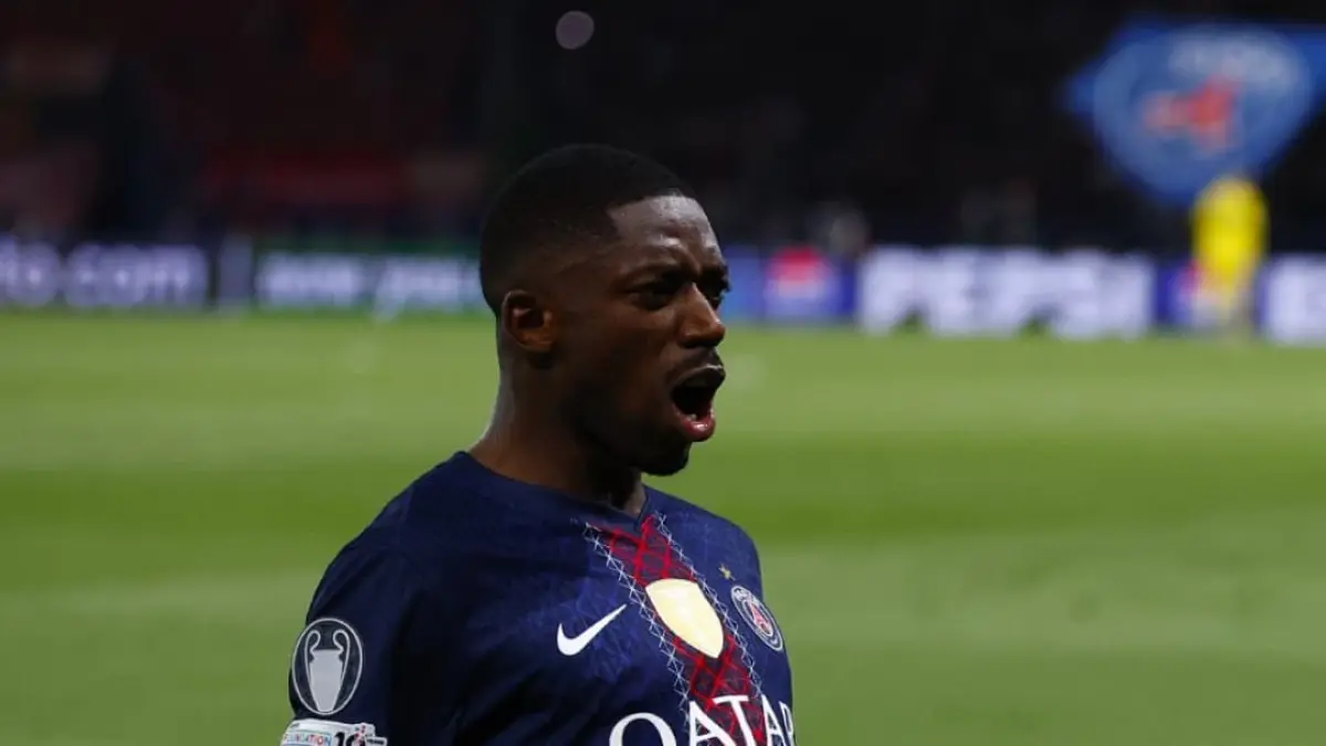 Ousmane Dembele merayakan golnya saat PSG mengalahkan Bayern Munich 5-4 pada leg pertama semifinal Liga Champions 2026 di Parc des Princes.(Foto: X PSG)