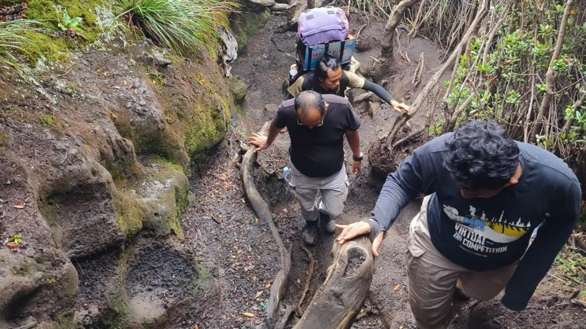 Tim advance Sevent Summit West Sumatera menuju Shelter 3. Di sana tim ngecamp semalam sebelum summit Sabtu dini hari (25/4). (DOK TIM SEVEN SUMMIT WEST SUMATERA)