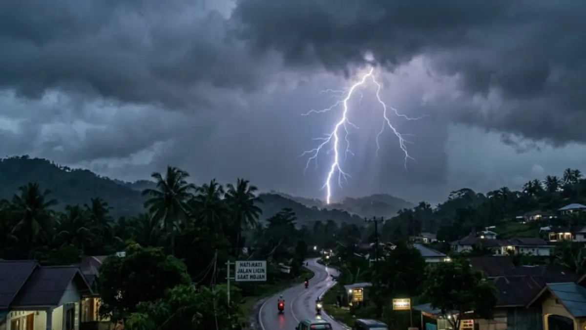 BMKG mencatat 17.073 sambaran petir di Sumbar pada 24–30 April 2026. Aktivitas tinggi dipicu topografi dan cuaca lembap. Masyarakat diminta waspada.(Foto ilustrasi AI)