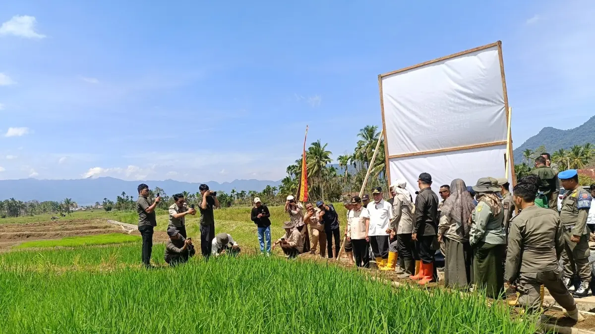 Sejumlah pejabat pusat bersama Gubernur Sumbar Mahyeldi Ansharullah dan Bupati Agam Benni Warlis meninjau lahan sawah rehabilitasi yang telah kembali ditanami usai gerakan tanam serentak nasional seluas 50 hektare di Nagari Kotokaciak, Kamis (30/4). (PUTRA/PADEK)