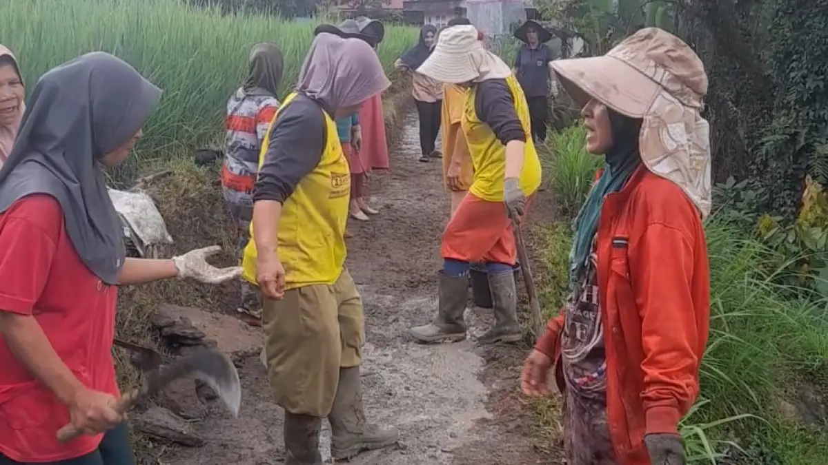 Puluhan emak-emak di Andaleh Baruh Bukik, Tanahdatar, gotong royong tambal jalan rusak secara swadaya demi keselamatan anak sekolah.