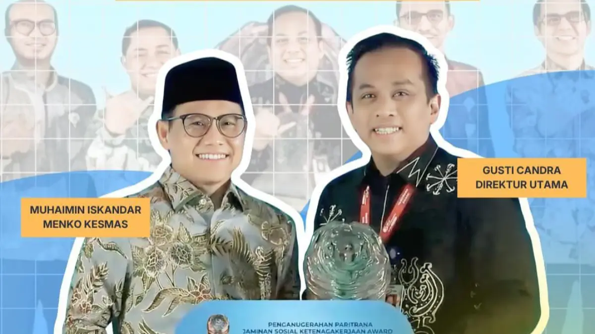 Dirut Bank Nagari, Gusti Candra saat menerima penghargaan dari Menteri Koordinator Bidang Pemberdayaan Masyarakat RI, Muhaimin Iskandar pada ajang Paritrana Award 2025 yang digelar di Plaza BP Jamsostek, Kuningan, Jakarta Selatan, Jumat (8/5). (INSTASTORY INSTAGRAM LENSAHUMAS BANK NAGARI)