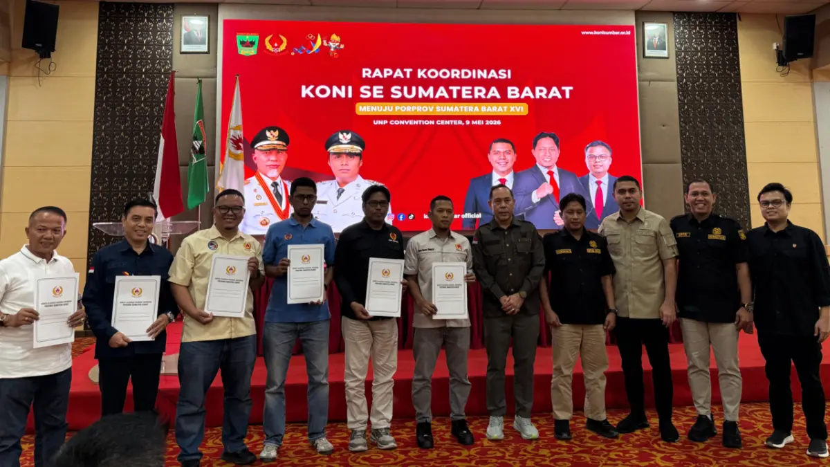 Rapat Koordinasi (Rakor) Porprov XVI Sumbar di UNP Hotel and Convention Center, Padang, Sabtu (9/5/2026). Sebanyak 8 kabupaten dan kota juga ditetapkan sebagai calon tuan rumah cabang olahraga.