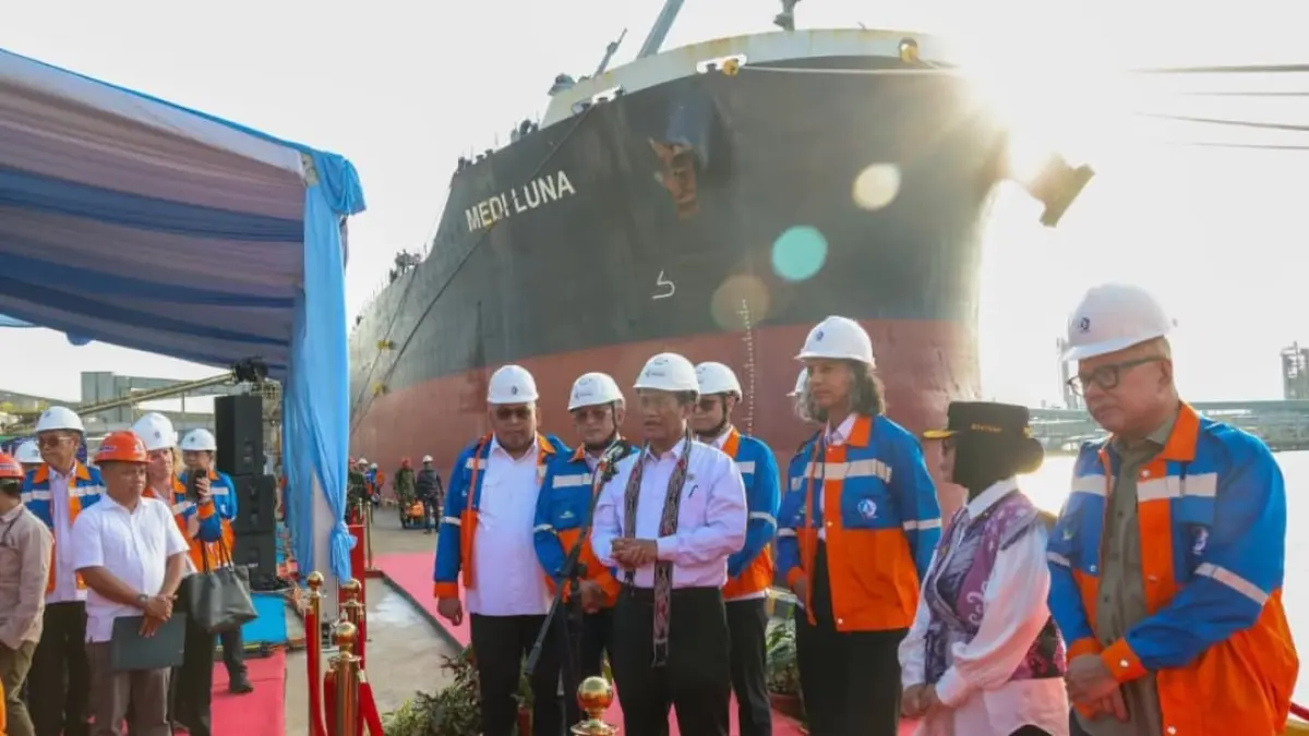 Pelepasan ekspor perdana pupuk urea Indonesia ke Australia oleh Menteri Pertanian Andi Amran Sulaiman di Pelabuhan Bontang, Kalimantan Timur, 14 Mei 2026.(Foto: Humas Kementan via Corcom PI)
