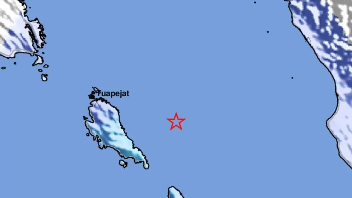 Peta lokasi guncangan gempa M4.0 di Tuapejat, Sumatera Barat, berdasarkan analisis BMKG pada 14 Mei 2026. Gempa bersumber dari aktivitas Sesar Mentawai dan tidak berpotensi tsunami.(Foto: BMKG)