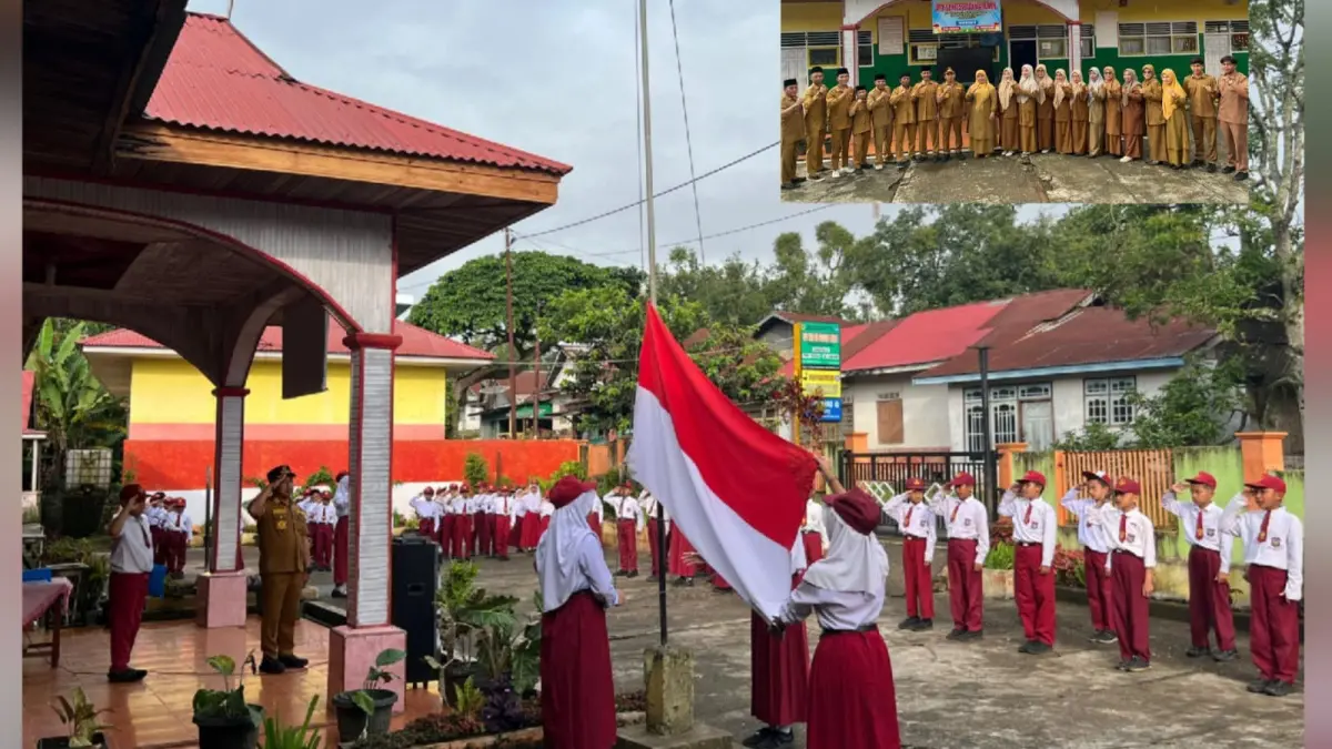 Siswa UPT SDN 05 Padanglaweh sedang melakukan upacara bendera di halaman sekolah beberapa waktu lalu. (TIM LAMAN GURU)