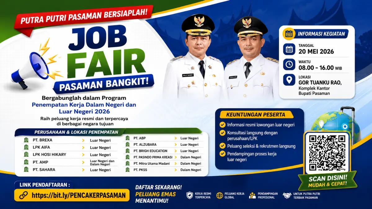 Pencari kerja di Pasaman bersiap mengikuti proses rekrutmen dalam Job Fair Pasaman 2026 yang menyediakan lebih dari 2.000 lowongan kerja dari sekitar 20 perusahaan.