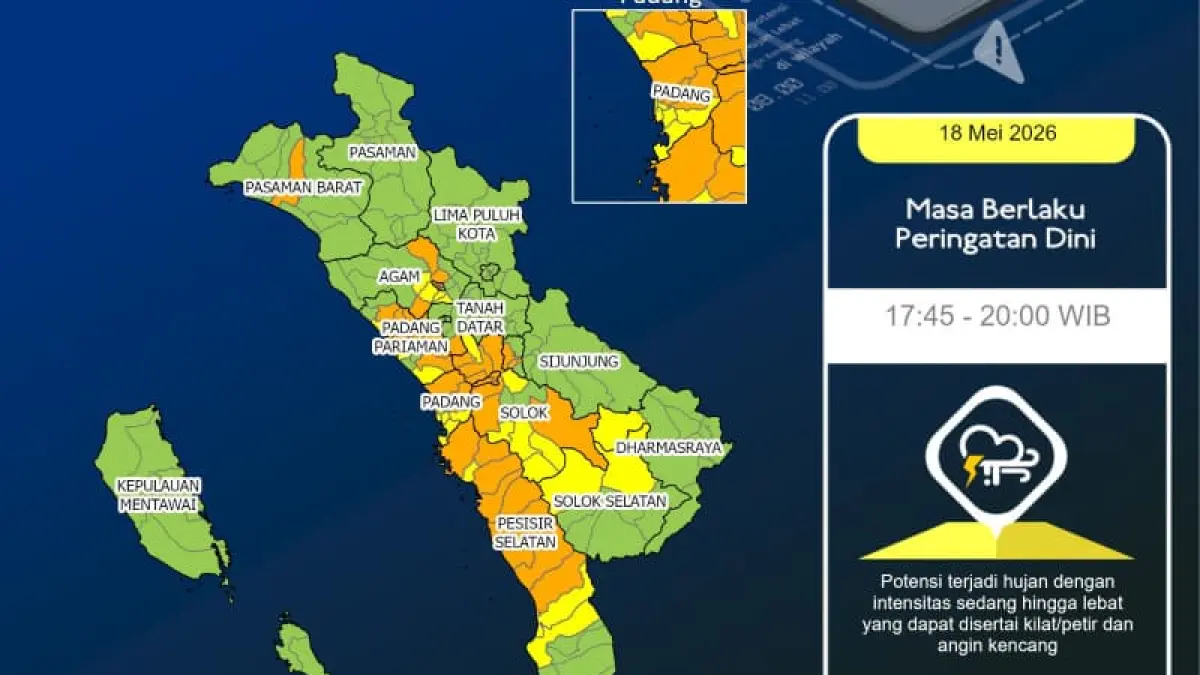 Peta peringatan dini cuaca BMKG Sumatera Barat 18 Mei 2026 terkait hujan lebat dan petir. (Foto: BMKG Sumbar)