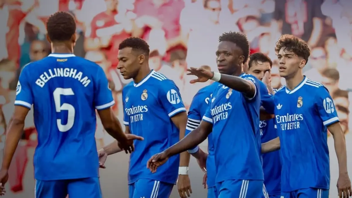 Vinicius Junior merayakan gol ke gawang Sevilla pada laga La Liga di Stadion Sanchez-Pizjua.(Foto: Real Madrid)
