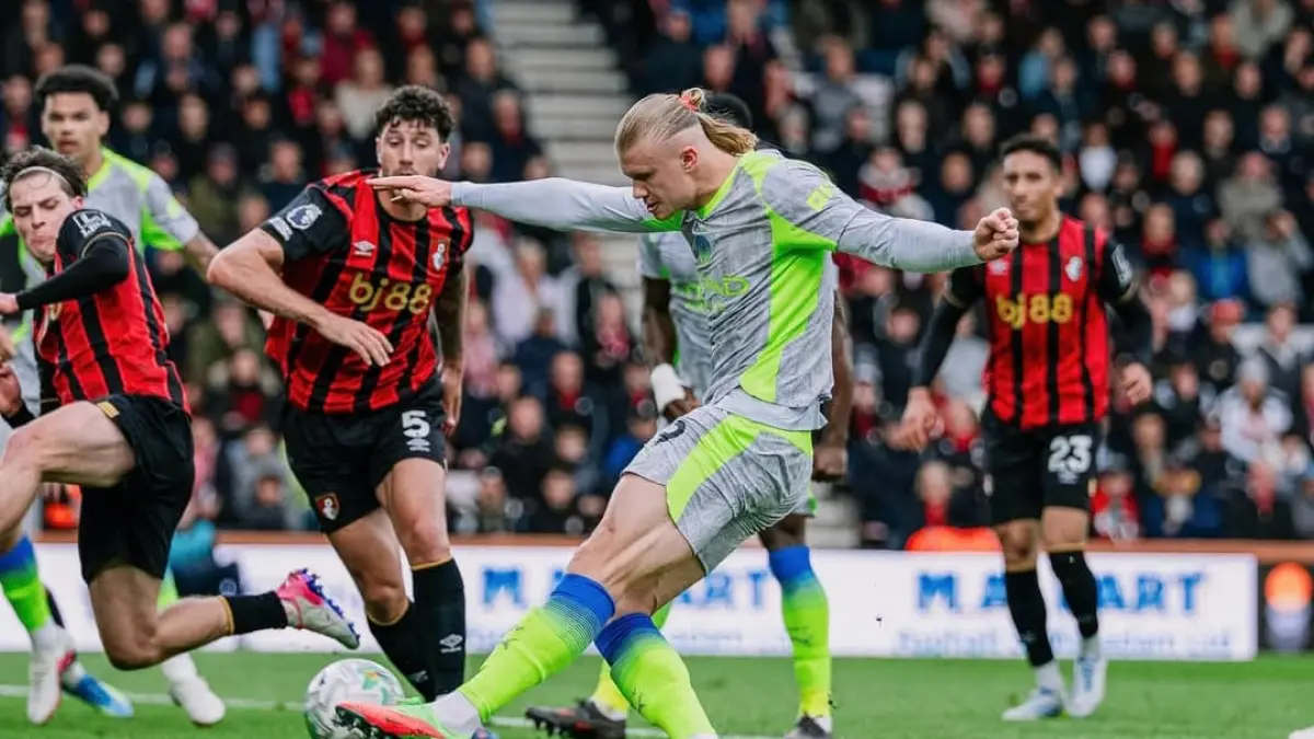 Erling Haaland mencetak gol ke gawang Bournemouth pada laga Premier League di Vitality Stadium.(Foto: IG @mancity)