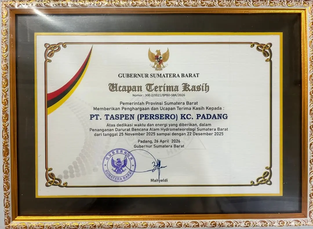 Penghargaan dan ucapan terima kasih dari Pemerintah Provinsi Sumatera Barat untuk PT TASPEN (Persero) Kantor Cabang Padang.(Foto: Humas)