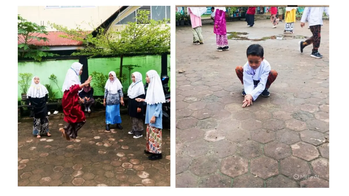 Murid SD Negeri  31 Payakumbuh sedang asyik memainkan permainan tradisional beberapa waktu lalu. (TIM LAMAN GURU)