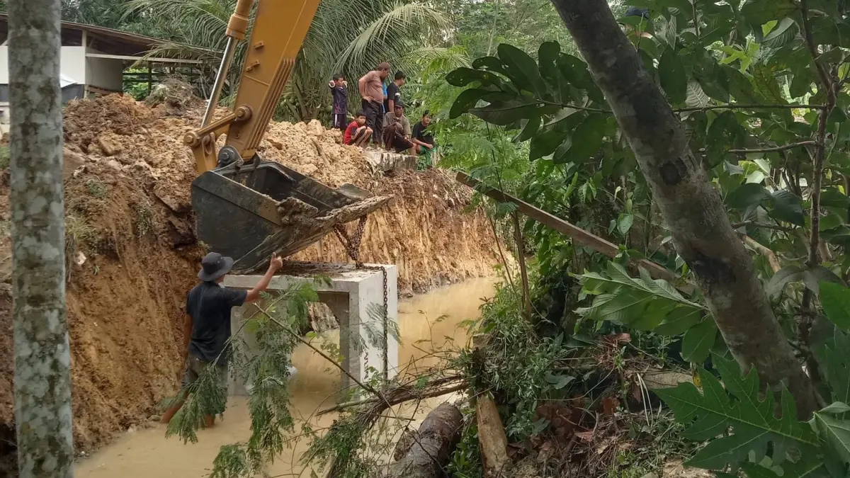 Bupati Dharmasraya Annisa Suci Ramadhani mempercepat penanganan jalan amblas di Kurnia Selatan dengan pemasangan box culvert agar akses warga pulih.