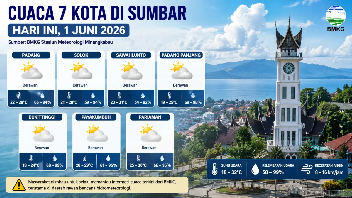 Cuaca Sumbar hari ini 1 Juni 2026 didominasi berawan. Suhu berkisar 18–32 derajat Celsius, dengan Bukittinggi menjadi wilayah paling sejuk.