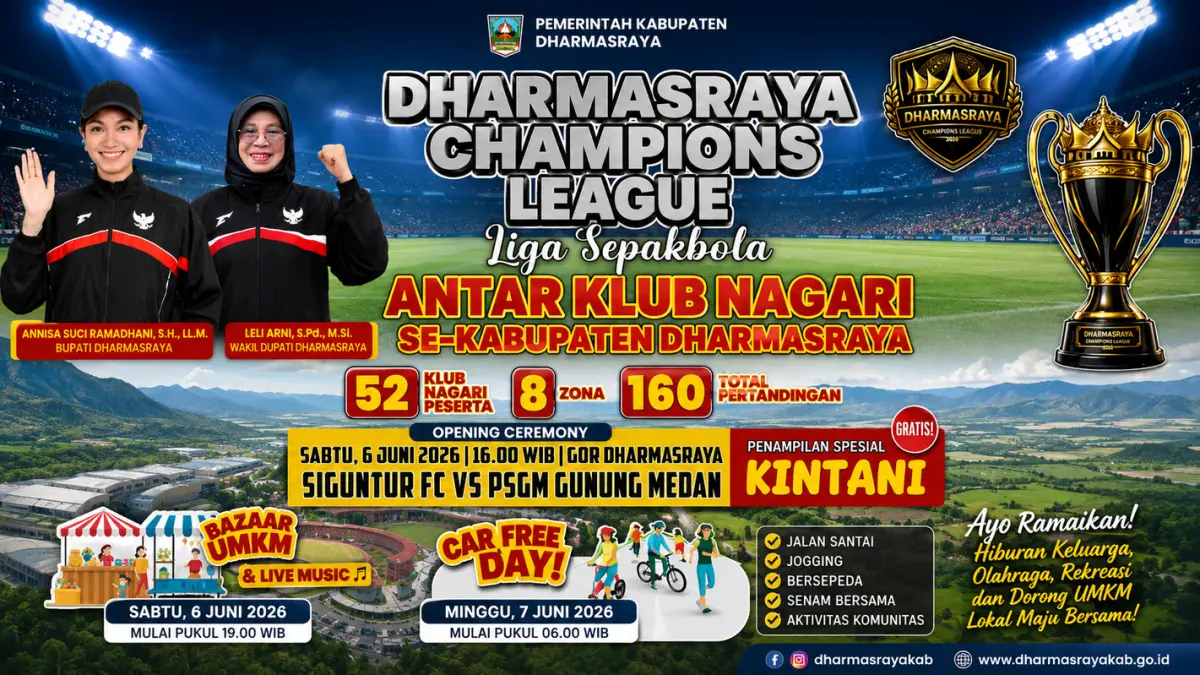 Dharmasraya menggelar DCL 2026, Bazaar UMKM, Live Music, dan Car Free Day di GOR pada 6–7 Juni 2026. Sebanyak 52 klub siap berlaga.
