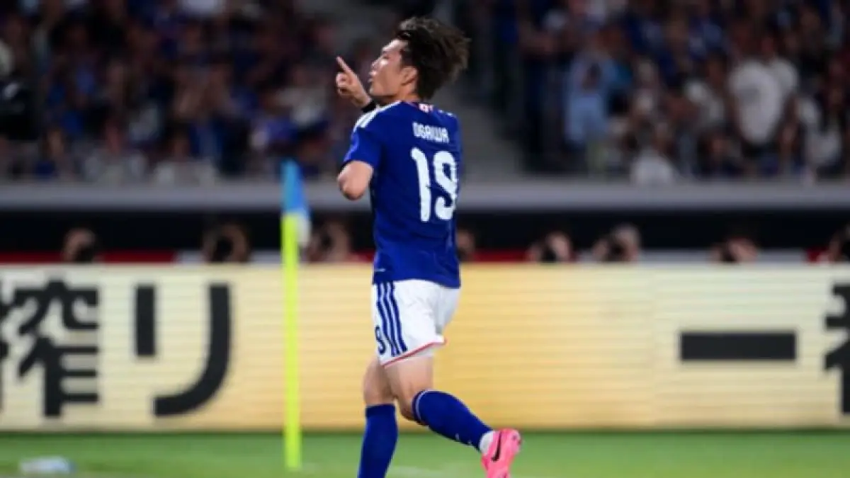 Koki Ogawa selebrasi gol laga Jepang vs Islandia uji coba Piala Dunia 2026, Minggu (31/5/2026). (Foto: AFC)