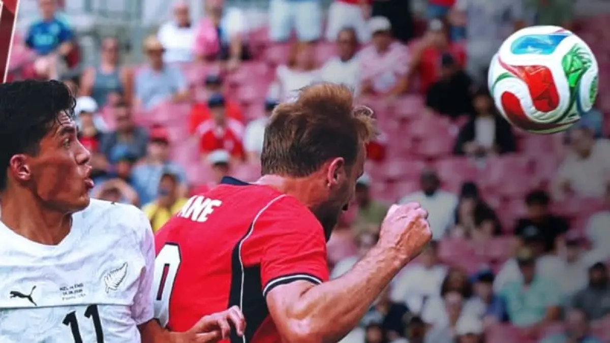 Harry Kane menyundul bola gol kemenangan Inggris 1-0 atas Selandia Baru dalam laga uji coba Piala Dunia 2026 di Raymond James Stadium, Tampa, Florida.(Foto: X @England)