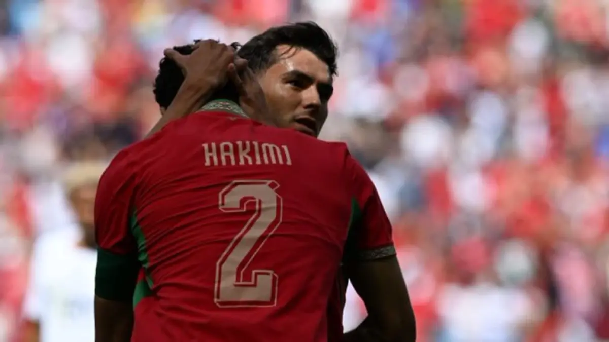 Brahim Diaz selebrasi bersama Hakimi usai mencetak gol Maroko yang bermain imbang 1-1 melawan Norwegia di New York, jelang Piala Dunia 2026.(Foto: X @Brahim)