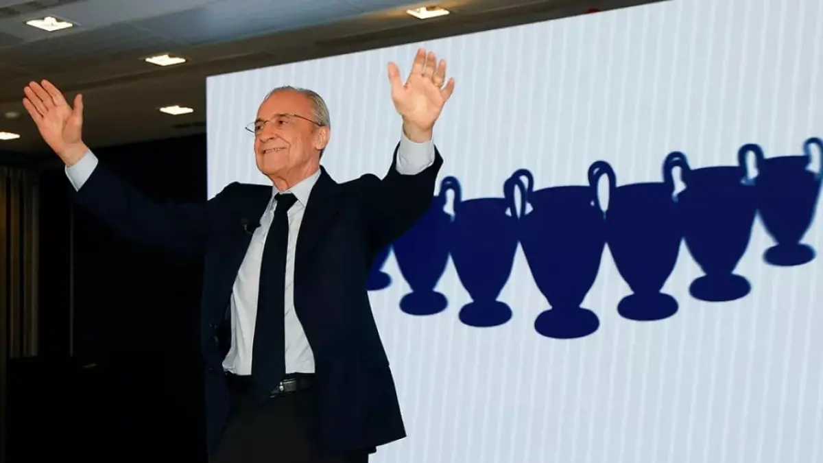 Florentino Perez menyampaikan pidato setelah memenangkan pemilihan Presiden Real Madrid hingga 2030.(Foto: Real Madrid)