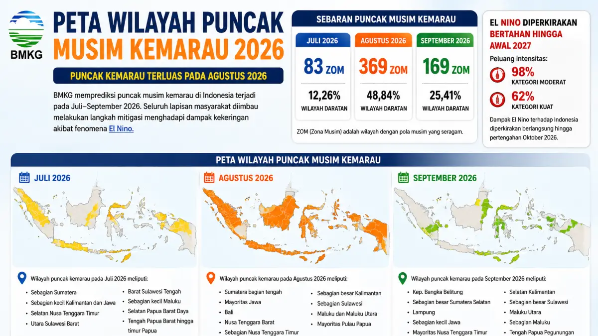BMKG memetakan hampir separuh wilayah Indonesia memasuki puncak musim kemarau pada Agustus 2026 dengan ancaman kekeringan akibat El Nino.
