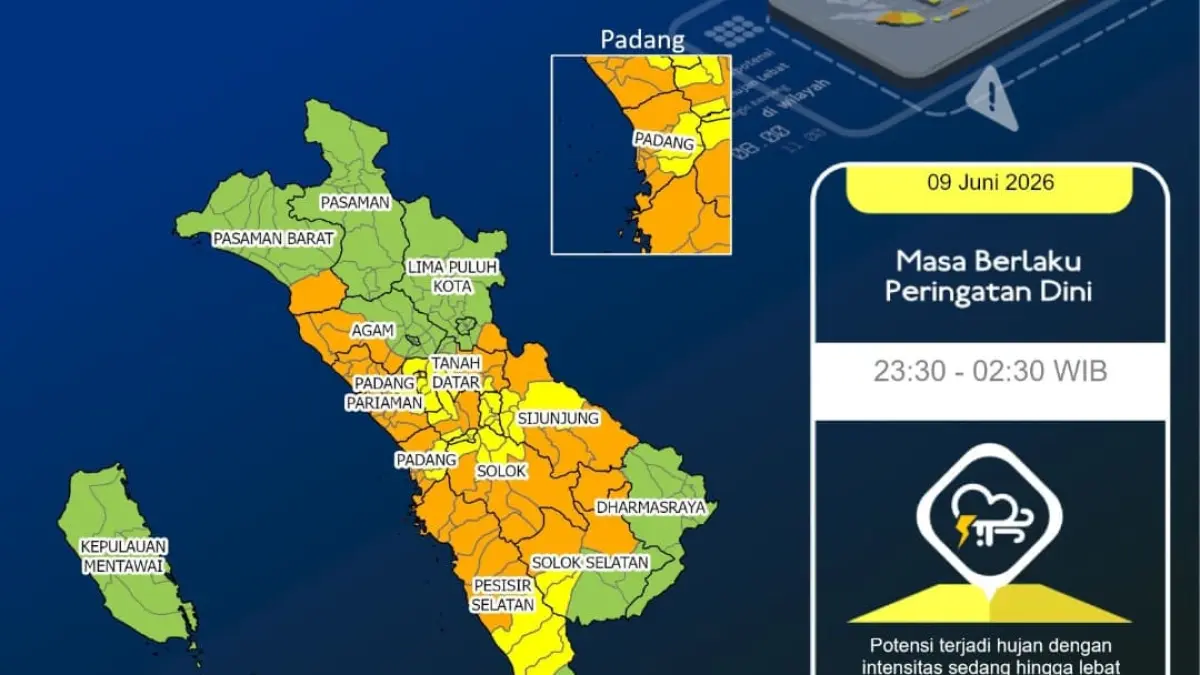 Peta wilayah Sumatera Barat yang berpotensi terdampak hujan lebat, petir, dan angin kencang berdasarkan peringatan dini BMKG Sumbar. (Foto: BMKG)