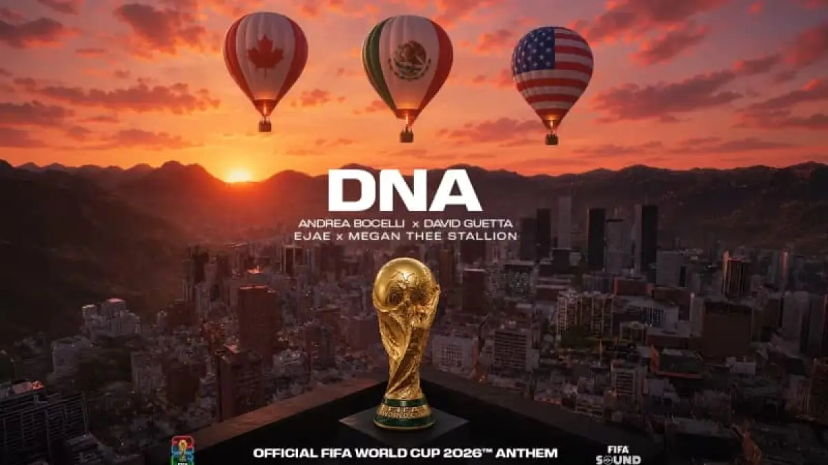 FIFA memperkenalkan DNA sebagai Lagu Resmi Piala Dunia 2026 yang dibawakan Andrea Bocelli, David Guetta, Megan Thee Stallion, dan EJAE.(Foto: FIFA)