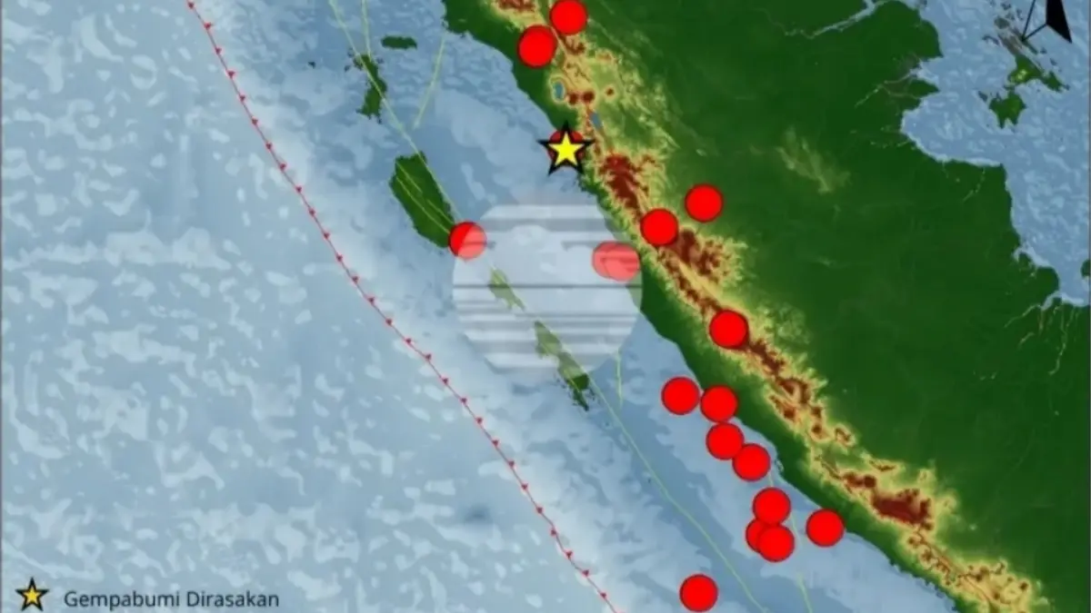 Peta sebaran episenter gempa bumi di Sumatera Barat selama periode 5–11 Juni 2026 yang dirilis BMKG Stasiun Geofisika Kelas I Padangpanjang. Dalam periode tersebut, tercatat 20 kejadian gempa, termasuk satu gempa M4,5 yang dirasakan masyarakat di Padang, Padangpariaman, dan Pariaman.